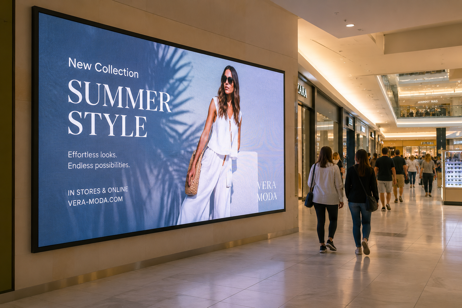 Large indoor LED video wall in a shopping mall concourse displaying a fashion campaign