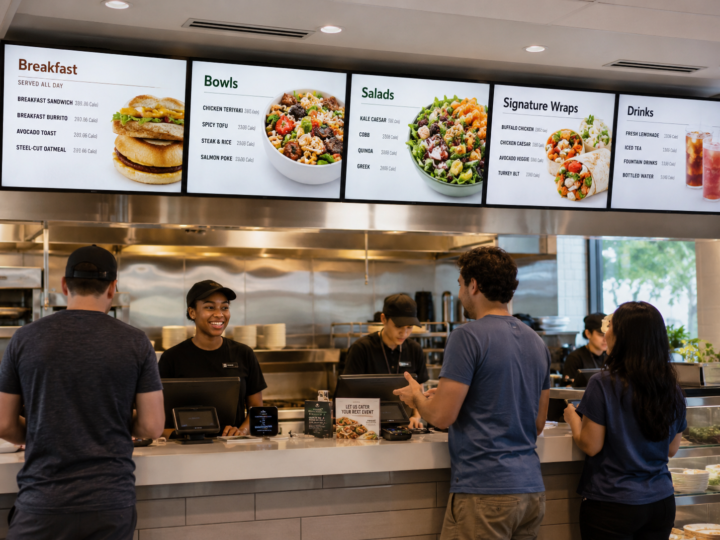 Multiple digital menu boards above a food-service counter showing breakfast, bowls, salads, wraps, and drinks