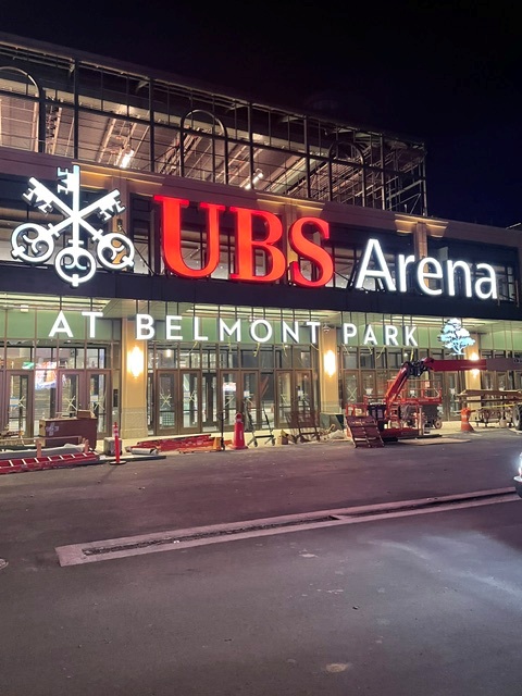 Large-format exterior arena identification signage at UBS Arena, Belmont Park