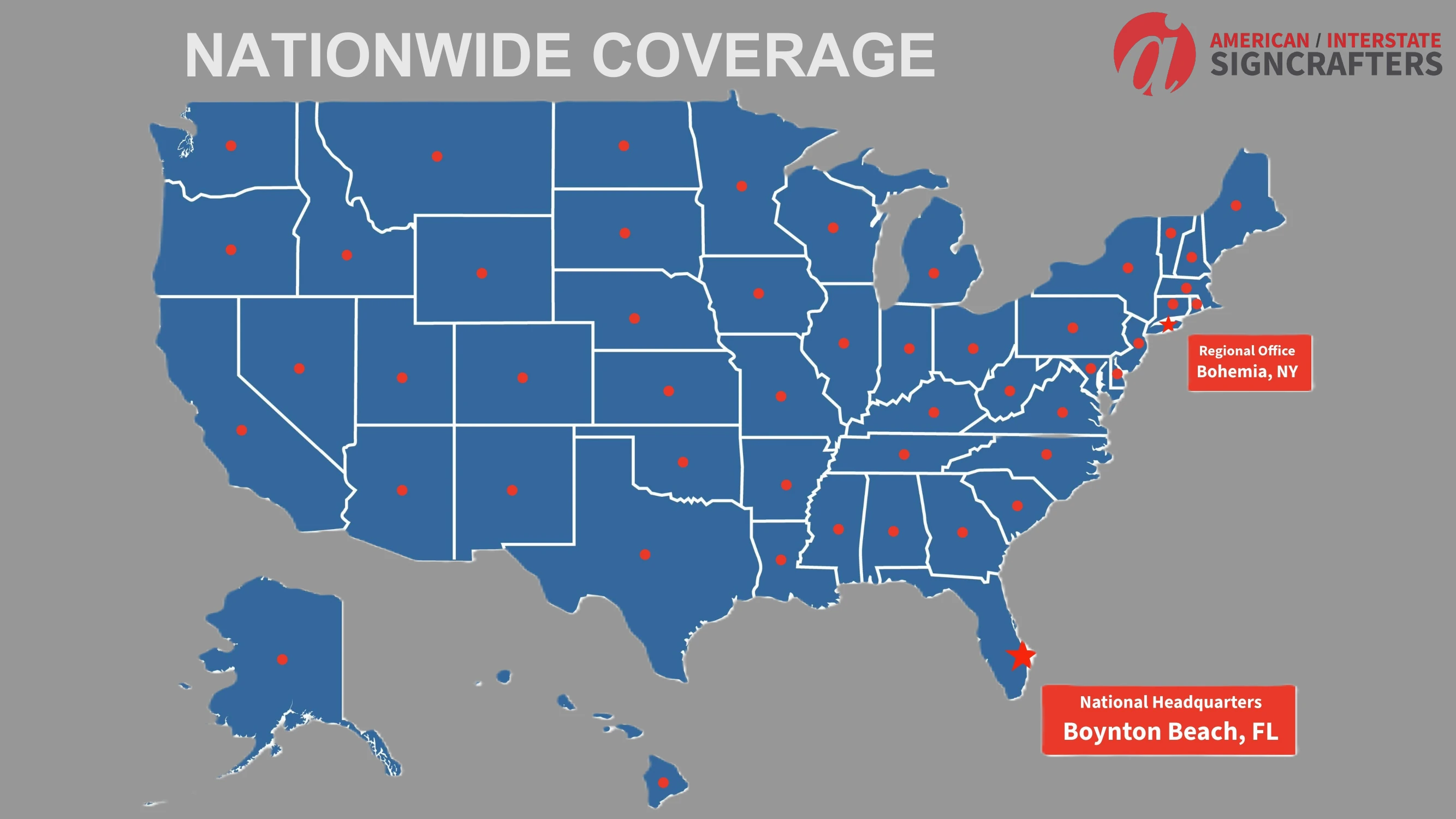 AIS nationwide coverage map showing regional office in Bohemia, NY and national headquarters in Boynton Beach, FL