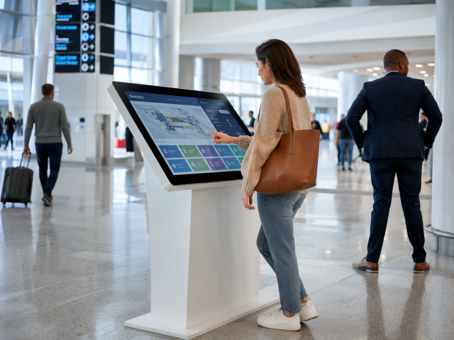 Traveler using a large interactive digital directory kiosk in a bright airport terminal.