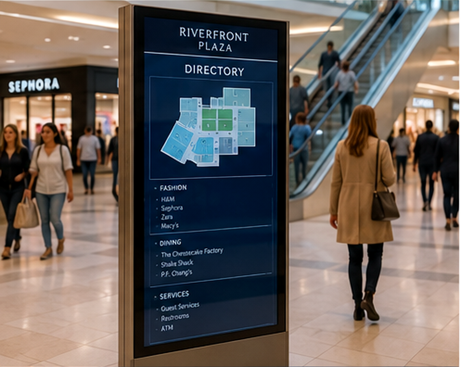 Freestanding digital directory kiosk in a shopping mall concourse showing a mall map and tenant listings