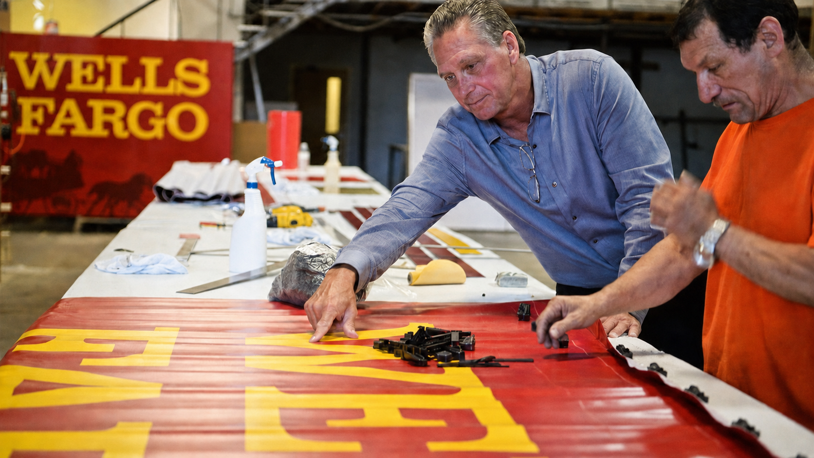 AIS founder Jeff Petersen reviewing Wells Fargo signage during production